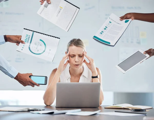 Business woman stress, anxiety and mental health burnout in busy, challenge crisis and frustrated office workplace. Worker headache, poor time management and tired from job pain problem and tax audit.