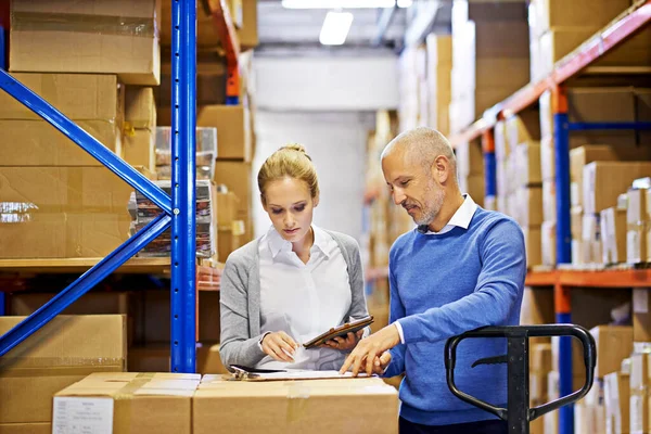 Coordinated Logistics Man Woman Inspecting Inventory Large Distribution Warehouse — Stock Photo, Image