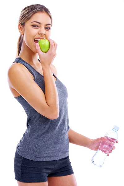 Healthy Enthusiasm Portrait Sporty Young Woman Eating Apple While Holding — Stock Photo, Image