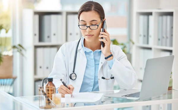 Telehealth woman doctor phone call, healthcare talking and medical service writing sick note, surgery planning and prescription. Wellness worker, medicine research and clinical report test results.