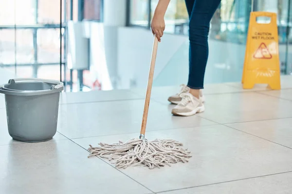 Woman Cleaner Mop Floor Office Water Plastic Bucket Put Sign — Stock Photo, Image