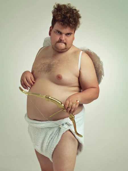 Hes Bringing Love Valentines Obese Man Dressed Cherub Bow Arrow — Stock Photo, Image