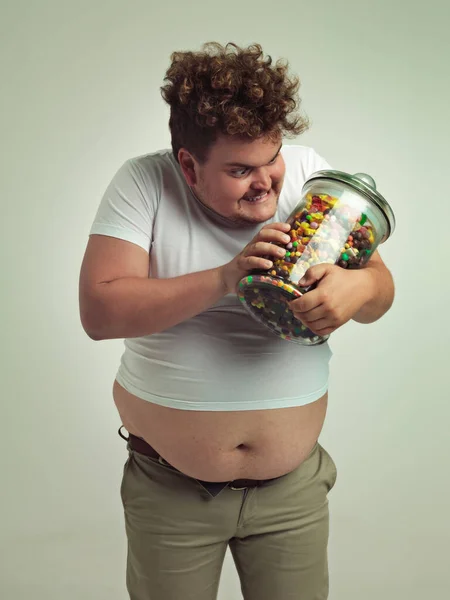 Whos Favourite Candy Yes You Overweight Man Talking His Jar — Stock Photo, Image