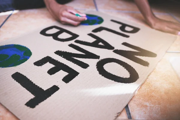 Hands Global Warming Protest Writing Cardboard Woman Support Environment Sustainability — Stock Photo, Image