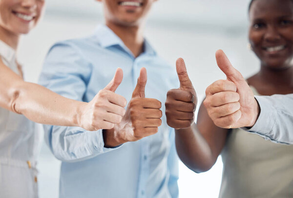 Corporate thumbs up and teamwork with success hands for business workforce development and motivation. Agreement, partnership and winning achievement together in professional work team