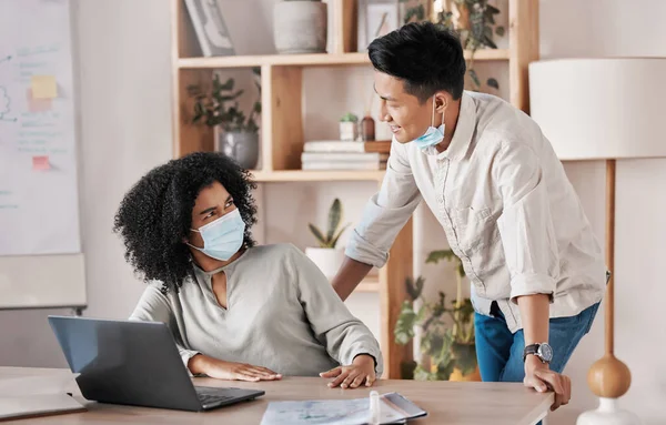 Covid face mask, personal space and business people talking in meeting, rejecting social distancing on laptop and frustrated with coworker. Employees working together with coronavirus regulations.