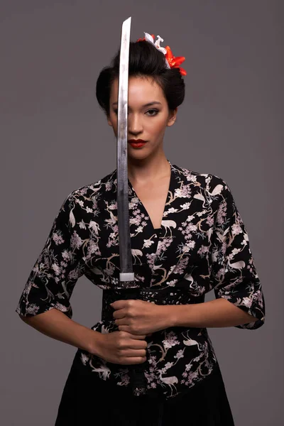Shes Master Sword Studio Shot Attractive Young Woman Holding Samurai — Stock Photo, Image