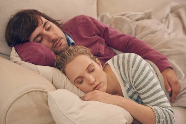 Passed Out Sofa Affectionate Young Couple Relaxing Home — Stock Photo, Image