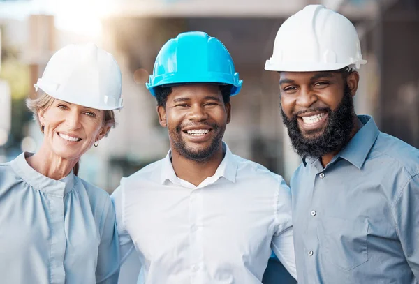 Architect portrait, work diversity and construction workers working on building project together, happy with architecture and industrial team in the city. Engineer group with smile for design job.