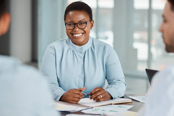 Planning Vergadering Business Partnership Zwarte Vrouw Met Een Glimlach Voor — Stockfoto