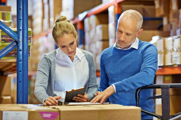 Going Numbers Together Two Colleagues Doing Inventory Check Warehouse — Stock Photo, Image