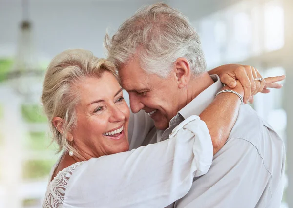 Retirement Hug Happy Couple Celebration Dancing Together Love Happiness Home — Stock Photo, Image