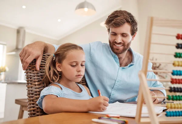 Student, writing and learning girl with dad teacher help with math problem homework solution together in living room. Happy homeschool class dad or father teaching kid abacus and numbers education.