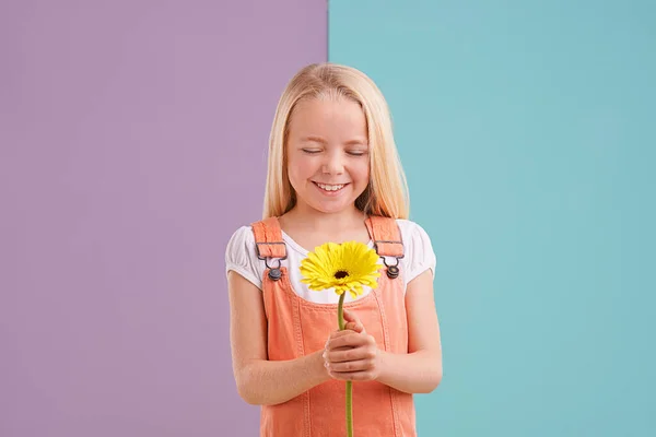 Přání Květině Roztomilé Holčička Drží Květinu Barevném Pozadí — Stock fotografie