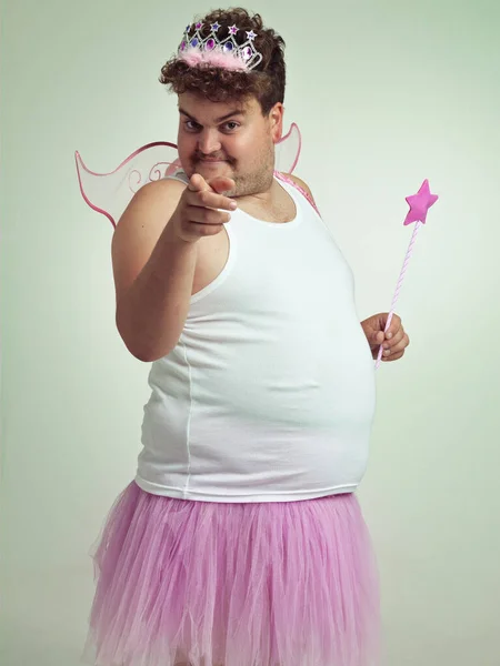 See You Overweight Man Pink Fairy Costume Pointing Camera — Stock Photo, Image