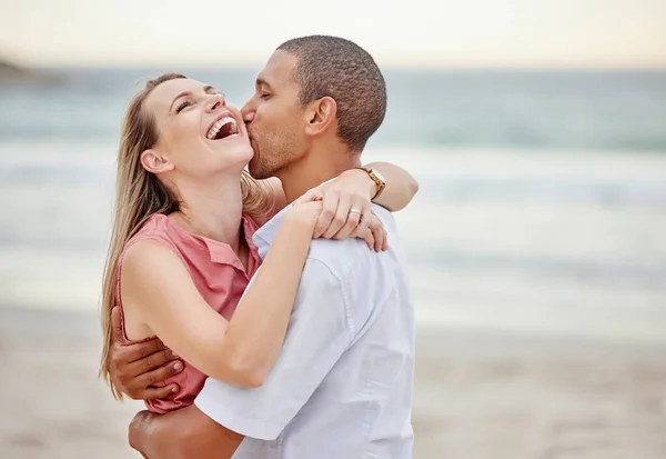 Beach Couple Love Hug Kiss Summer Vacation Happy Marriage Lifestyle Stock Image