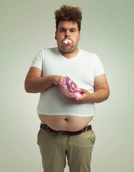 Sure Theres Room One More Overweight Man Marshmallows Shoved His — Stock Photo, Image