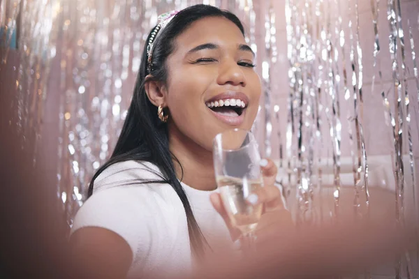 Selfie Birthday Party Celebration Woman Champagne Sparkling Wine Glass Festival — Stock Photo, Image