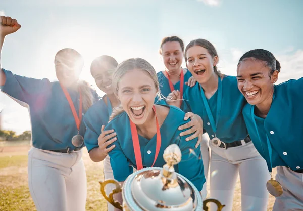 Winning trophy and team of women in baseball portrait with success, achievement and excited on field with blue sky lens flare. Teamwork motivation and celebration of group of people or sports winner.