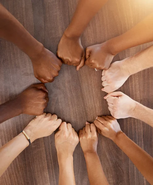 Hands Collaboration Motivation Fists Team Circle Huddle Wooden Background Teamwork — Stock Photo, Image