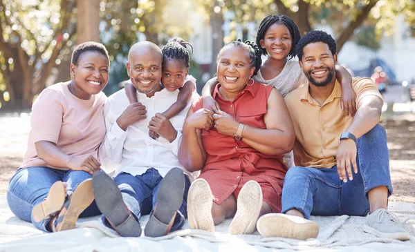 大きな家族の肖像画 黒人と子供 屋外公園の祖父母 ピクニックや一緒に取得します アフリカの祖母と祖父を持つアフリカの母 父と子供の抱擁と愛 — ストック写真