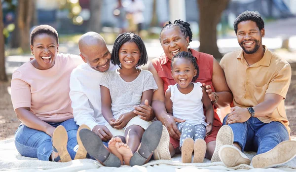自然の中で夏のための幸せな家族の世代 公園や庭でのピクニックは一緒にリラックスし ケアと品質の時間を過ごす 日を楽しむ祖父母 子供の黒人の肖像画 — ストック写真
