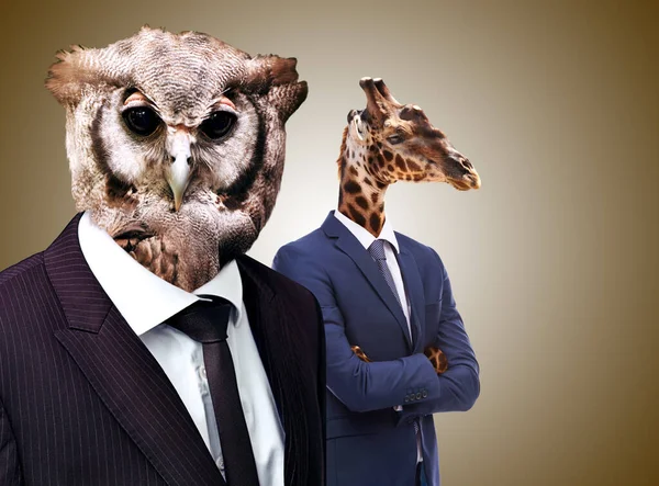 Welcome to the corporate jungle. Conceptual image of animal heads on business people