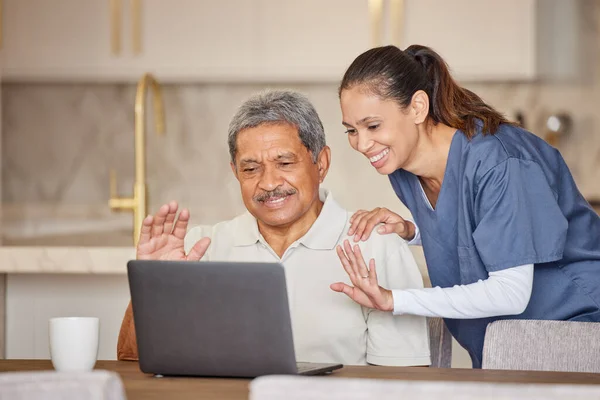 Elderly Man Caregiver Laptop Video Call Talking Conversation Greeting Waving — Stock Photo, Image