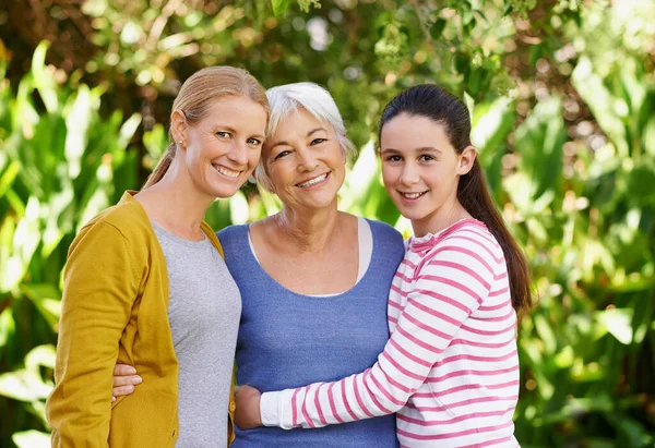 Blessed Both Daughter Granddaughter Portrait Senior Woman Standing Outdoors Her — Stock Photo, Image