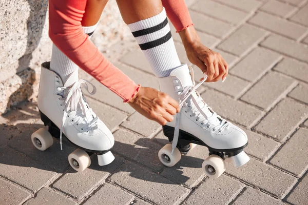 Roller Skate Shoes Woman Tying Laces Fun Summer Fitness Activity — Stock Photo, Image