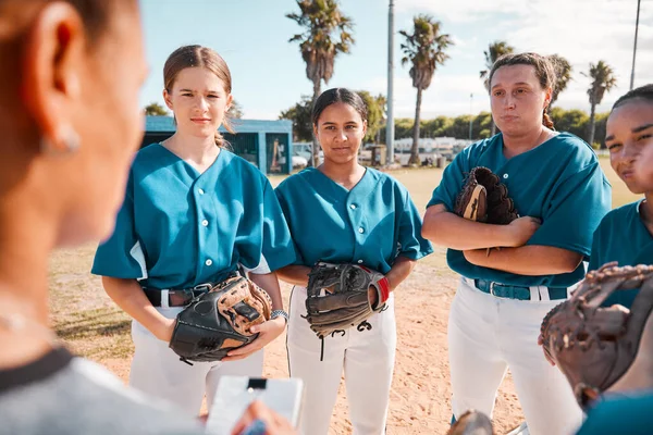 Coach of girl team in baseball, give strategy to players before game or match. Trainer of woman softball squad in huddle, give talk on teamwork and plan, for winning sport competition or trophy.