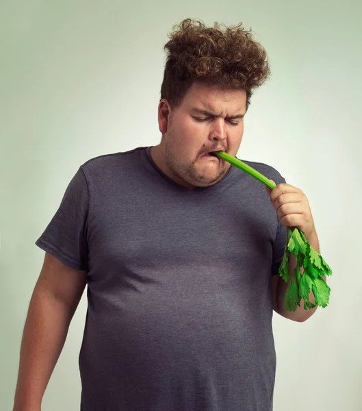 Hacer Dieta Definitivamente Divertido Hombre Con Sobrepeso Mordiendo Palo Apio — Foto de Stock