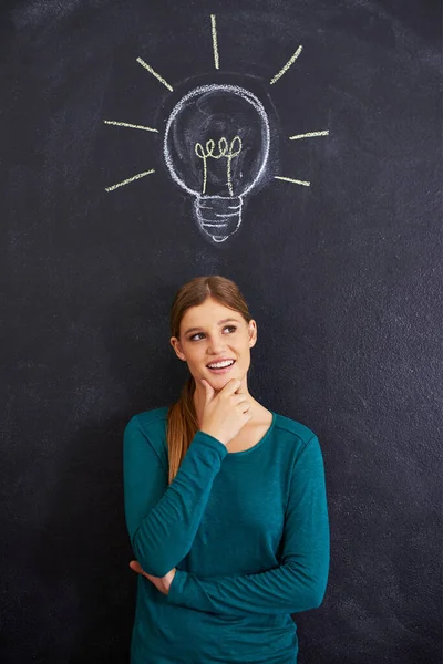 Greatness Starts Single Idea Attractive Young Woman Standing Front Blackboard — Stock Photo, Image