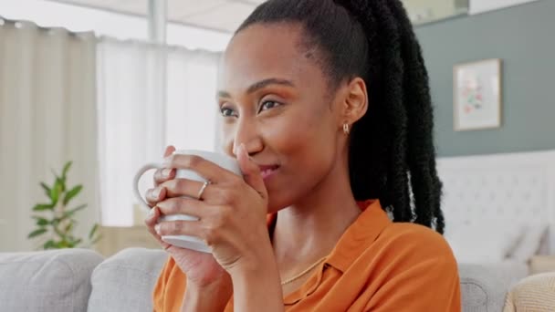喝了一杯咖啡的黑人女人 在沙发上笑着放松一下 或者在家里休息一下 年轻的非洲裔美国女士 在客厅里安安静静地品尝着茶或热巧克力的味道 脸上洋溢着幸福的味道 — 图库视频影像