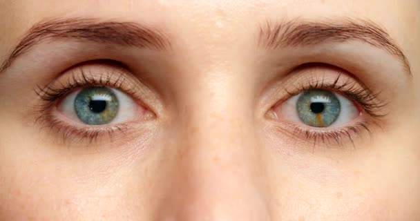 Me18 Γαλάζια Γυναίκα Ματιών Ανοιγόκλεισε Μάτια Ζουμ Πορτρέτο Του Σοκ — Αρχείο Βίντεο