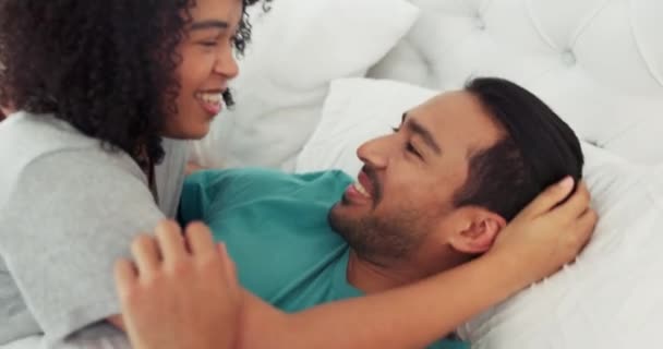 Interracial Couple Laughing Love Bond Bedroom House Interior Home Hotel — Stock Video