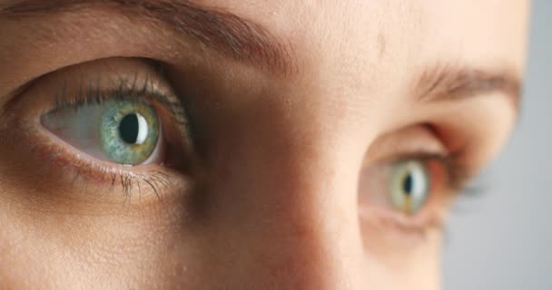 Женщина Голубой Глаз Интенсивным Взглядом Мигает Глядя Сосредоточены Думать Идеях — стоковое видео