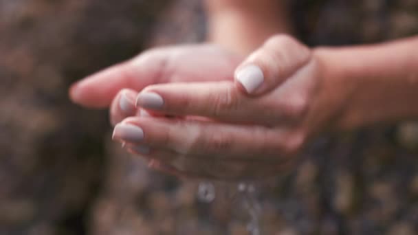 Hf18 山の春の洗浄 飲み物やスプラッシュのための森の中で水の自然 川や手スクープ 湖のストリームでカップ手を保持女性と環境 自由と持続可能性 — ストック動画