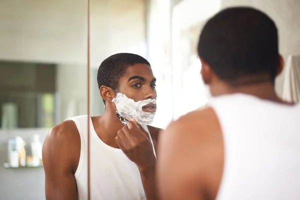 Getting Rid Stubborn Stubble Young Man Shaving Mirror — Stock Photo, Image