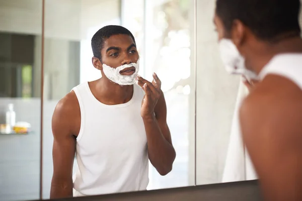 Getting Rid Stubborn Stubble Young Man Shaving Mirror — Stock Photo, Image