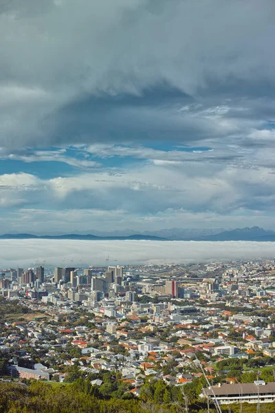 The city of Cape Town. A high up view of the city of Cape Town, South Africa on a cloudy day