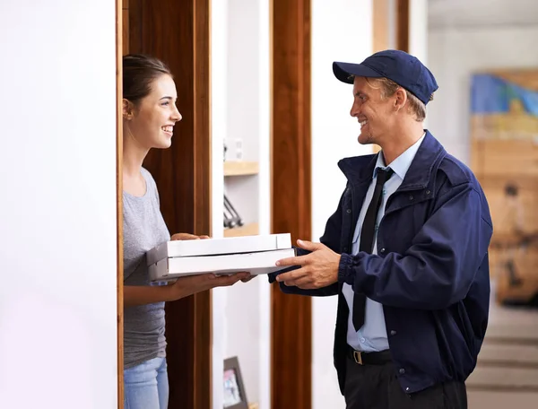 Always Arrives Time Courier Making Delivery Smiling Customer — Stock Photo, Image