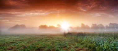 Çiftliğin üzerinde puslu bir gün doğumu. Sabahın erken saatlerinde sisle kaplı pitoresk bir çiftlik sahnesi.