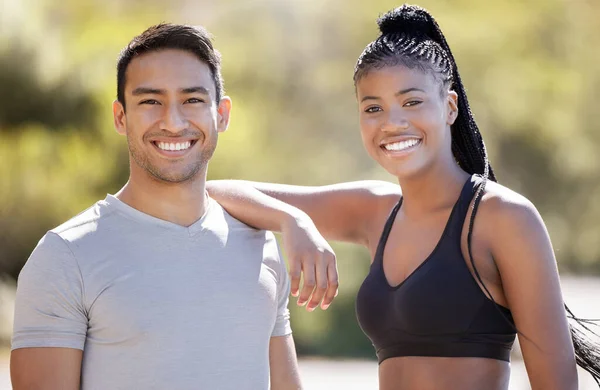Fitness people, interracial couple and exercise for cardio training while looking happy, energy and leaning for support and accountability. Portrait of man and woman active for health and wellness.