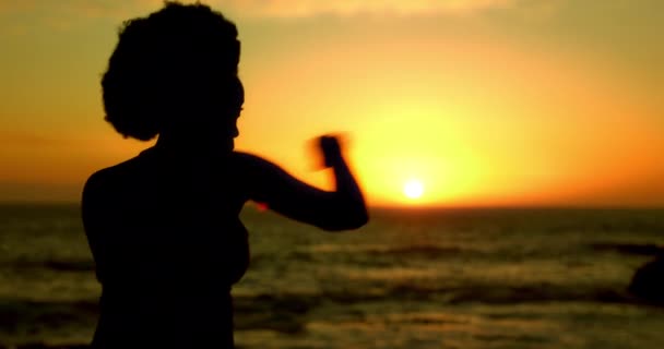 Boks Spor Yapan Bir Kadınla Egzersiz Yapmak Gün Batımında Sahilde — Stok video