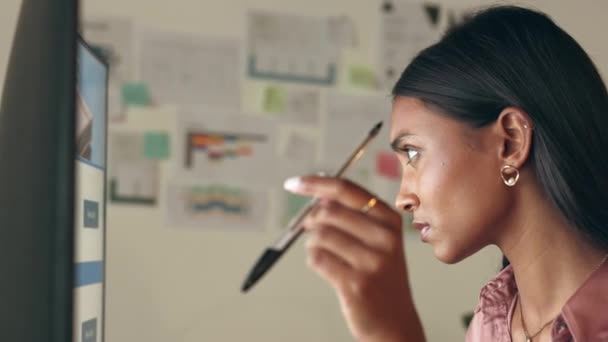 Веб Дизайн Планирование Бизнеса Мысли Женщины Креативной Маркетинговой Идее Работа — стоковое видео