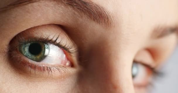Kobieta Poruszające Się Oczy Lub Makro Wzroku Szarym Tle Pracowni — Wideo stockowe