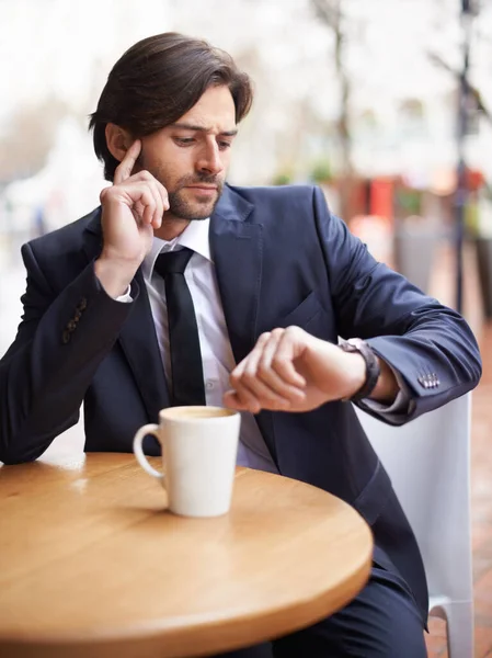 Wonder Hes Late Businessman Making Phone Call Checking Time While — Stock Photo, Image