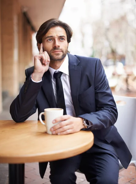 Afternoon Reflection Warm Cup Coffee Thoughtful Young Businessman Sitting Cup — Stock Photo, Image