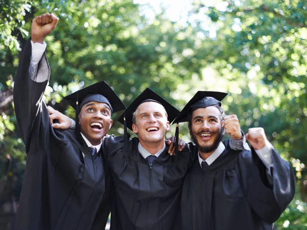 Cielo Limite Adesso Gruppo Studenti Maschi Felici Che Festeggiano Loro — Foto Stock